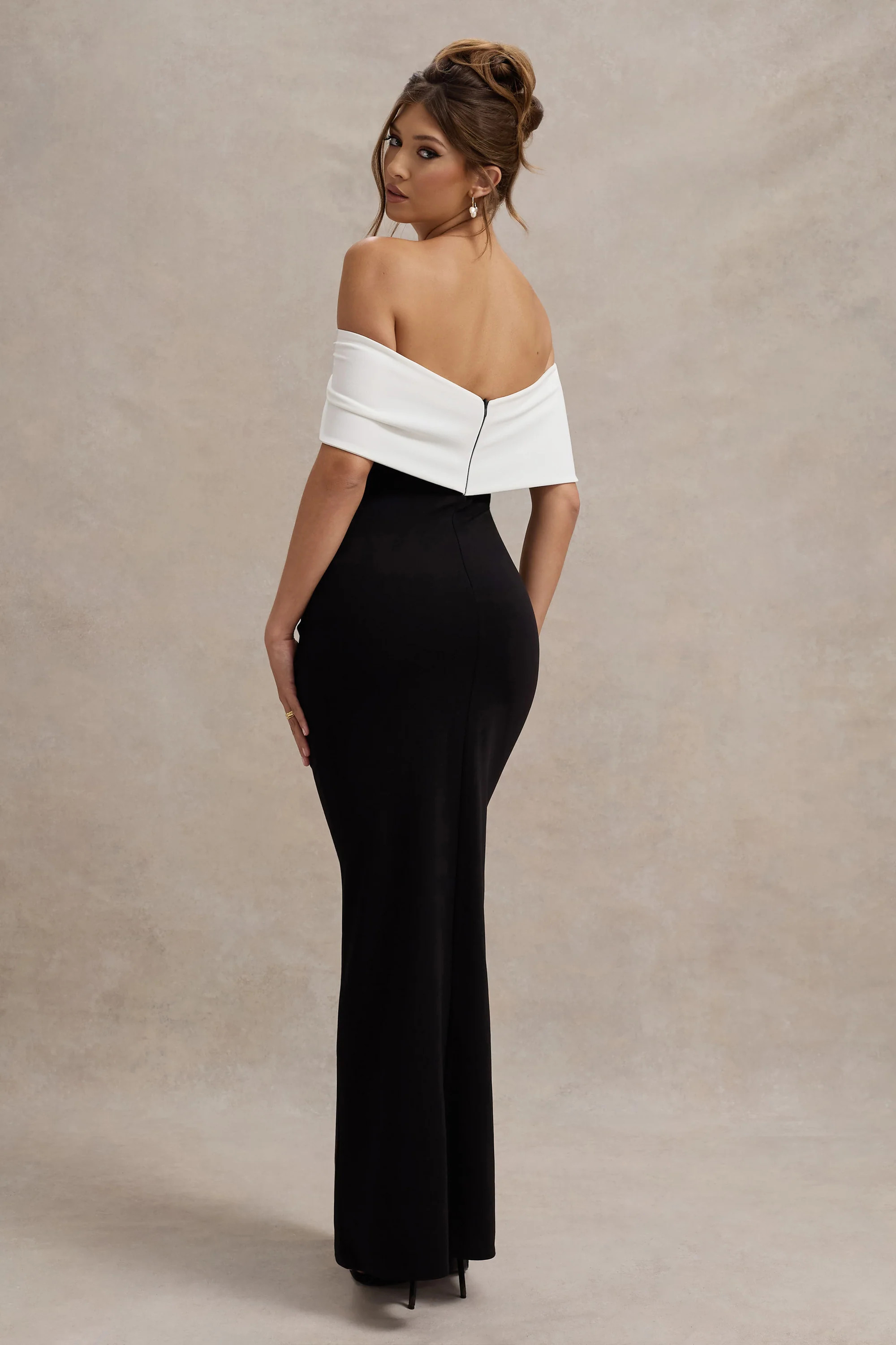 Eva | Black & White Bardot Bow Detail Maxi Dress With Thigh Split | Club L London