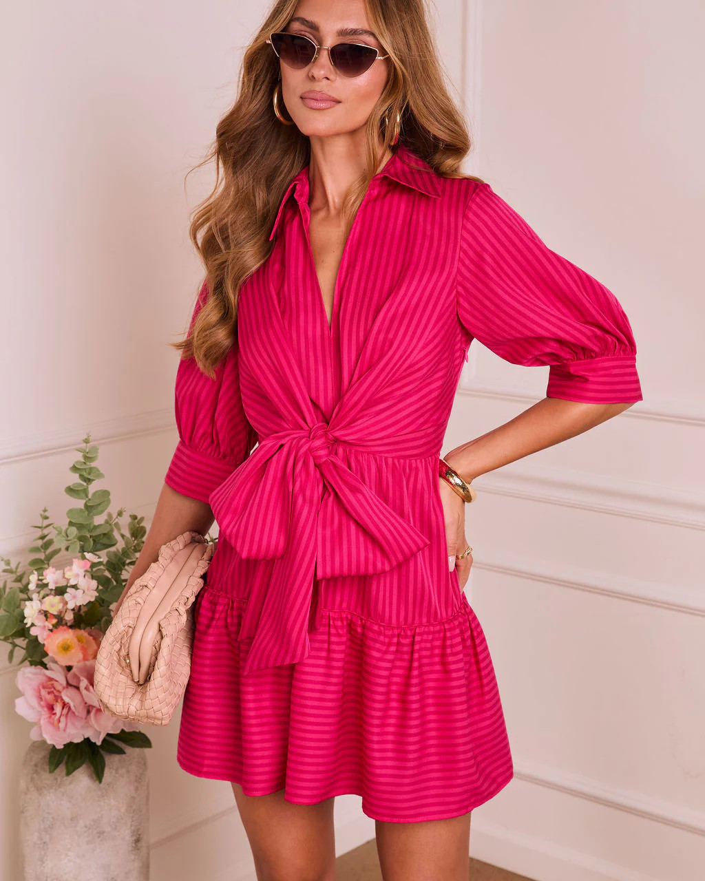 Adonie Striped Front Tie Mini Shirt Dress | VICI