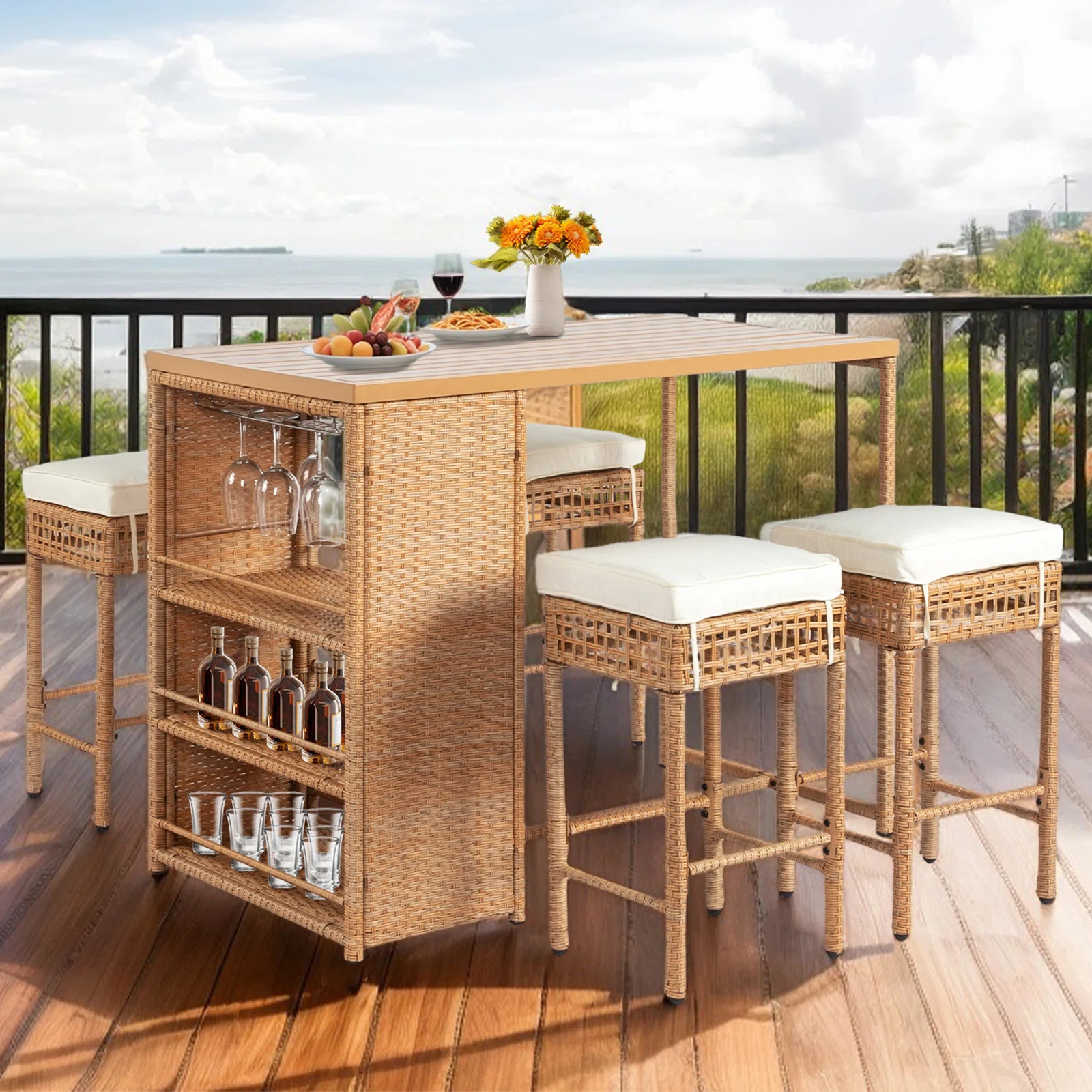 Patio 5-Piece Yellow Wicker Serving Bar Set With Beige Cushions | Wayfair North America