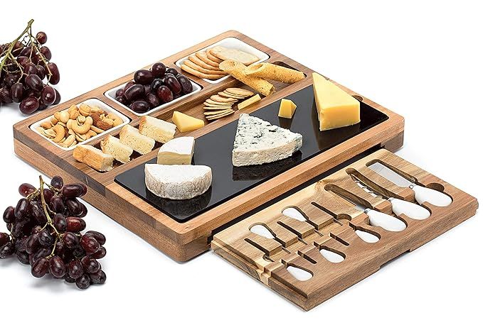 Shanik Cheese Board With 7 Piece Stainless Steel Cutlery Set - Acacia Wood Charcuterie Board and ... | Amazon (US)