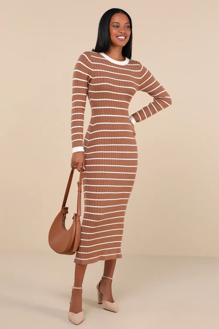 Ever So Effortless Light Brown Striped Ribbed Midi Sweater Dress | Lulus