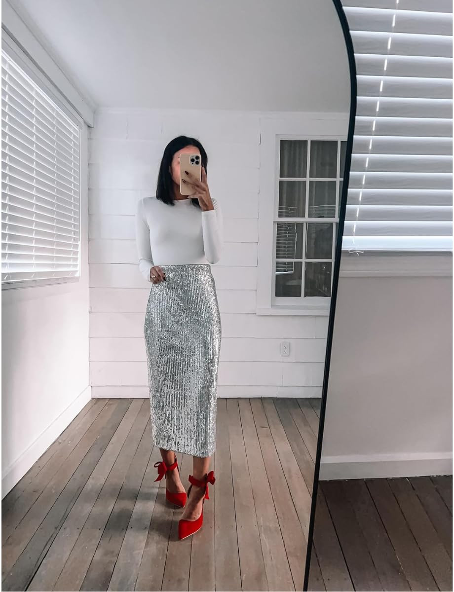 Holiday outfit- skirt in XS, heels true to size, top in S. 
 

 #LTKHoliday #LTKPetite #LTKFindsUnder50