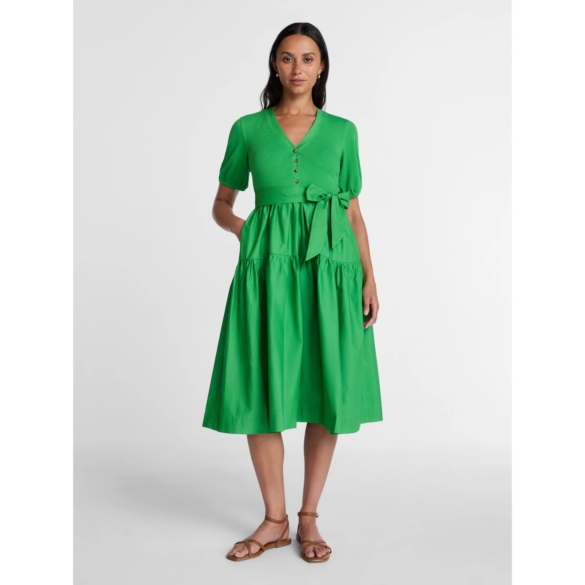 Time and Tru Women's Mixed Media Midi Dress with Puff Sleeves, Sizes XS-XXXL | Walmart (US)