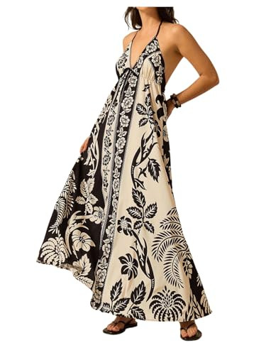 SHENHE Women's Summer Tropical Floral Halter Maxi Dress Open Back Empire Waist Flowy Boho Dress | Amazon (US)