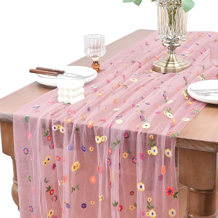 Joanlody Blushing Pink Embroidery Daisy Mother's Day Table Runner Florals Seasonal Easter Tulle T... | Amazon (US)