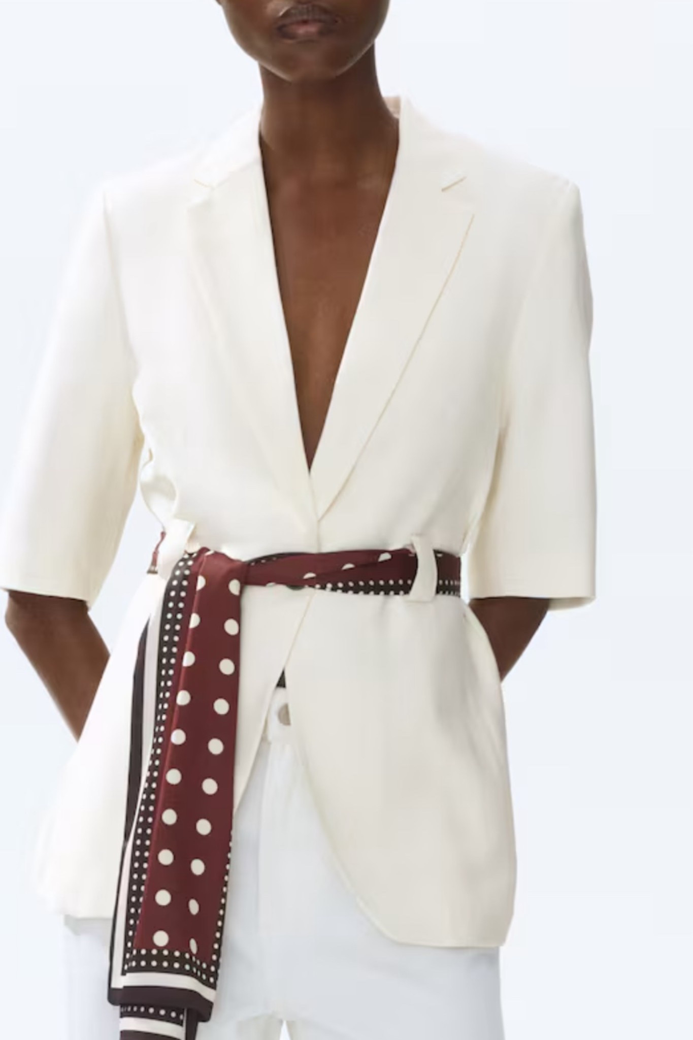 This jacket is SO pretty!! Comes with the scarf but you can also switch it out for a regular belt. They also have matching pants to the scarf!