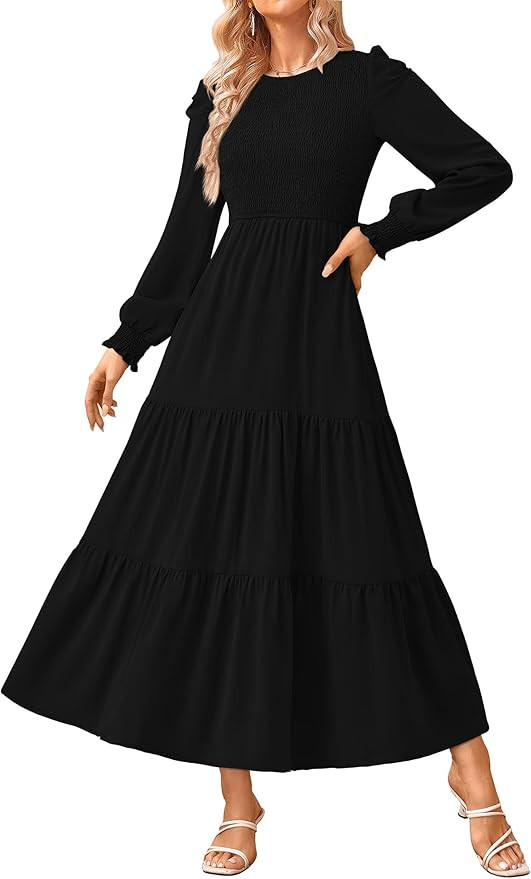 KIRUNDO Women Fall Wedding Guest Dress Long Sleeve Maxi Dress Casual Crew Neck Smocked Tiered A L... | Amazon (US)