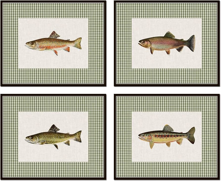 Belle Maison Art Trout Green Gingham Set 1, Fish Prints, Chinoiserie, Grand Millenial, Cabin, Sou... | Amazon (US)