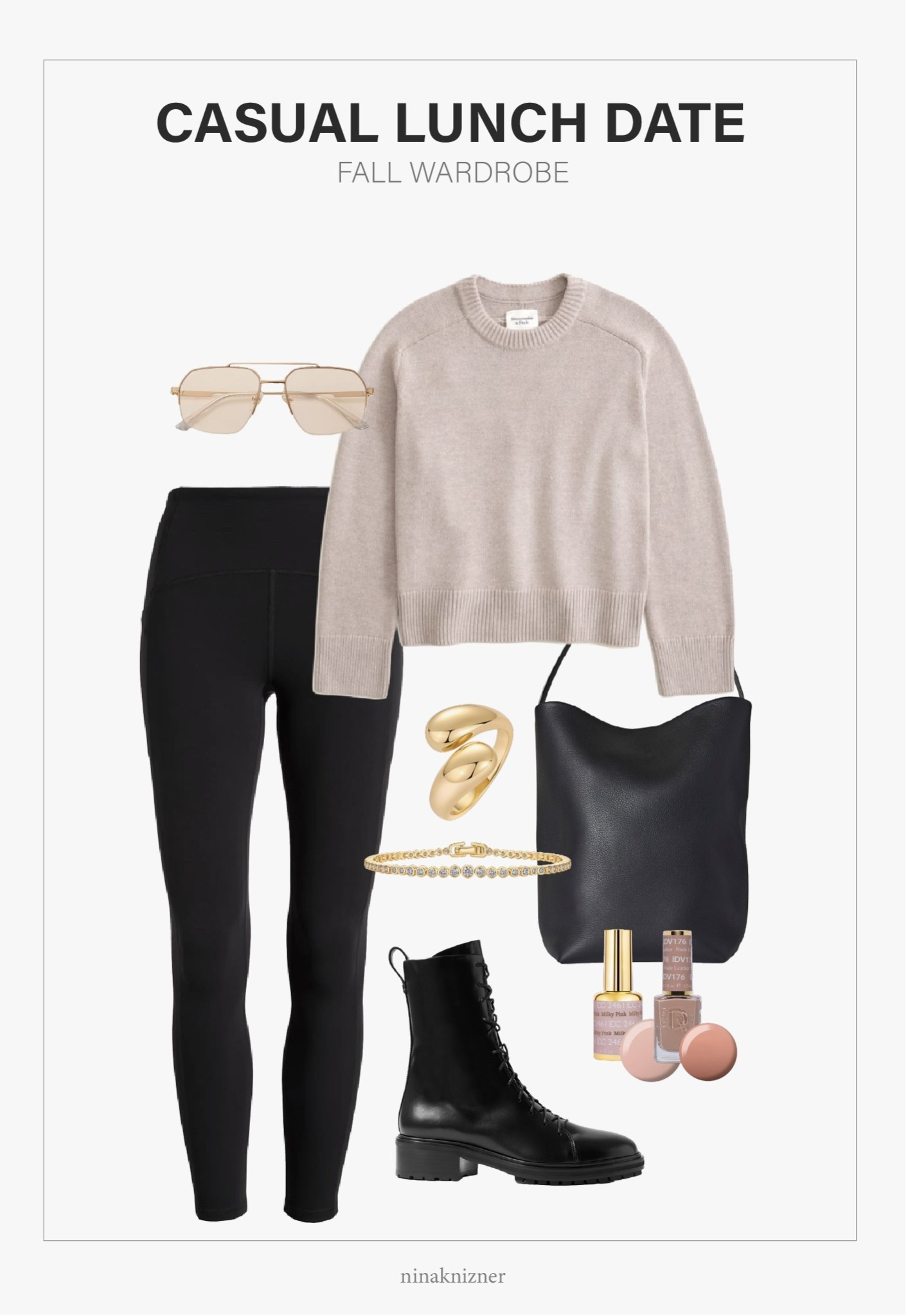 Effortless outfit for out and about…

In love with the beige and black combo here. Bought this sweater last year, it’s so comfy but feels very elevated, and pairing it with these combat style boots is justttt *sigh.. so good! For colder months, I’d just add a long black wool coat, and you’re good to go!

- Amazon Sojos Aviator Sunglasses in clear gold
- Lululemon Align Leggings in black
- Abercrombie Madeline Sweater in sand
- Amazon Chunky Twist Ring in gold
- Amazon PAVOI Round Tennis Bracelet in gold
- The Row Large Park Tote in black leather 
- Aeyde Isa Lace-Up Ankle Boots in black leather 
- DND Gel Nail Polish in nude leather and milky pink 

#leggings #sweater #tote #ankleboots #tennisbracelet #jewelry #gelpolish #nailpolish #blackleathertote #leather #blackboots #boots #fallboots #winterboots #beigesweater #casual #nude #athleisure #LTKFall #blackfriday 

#LTKSeasonal #LTKItBag #LTKHoliday #LTKStyleTip