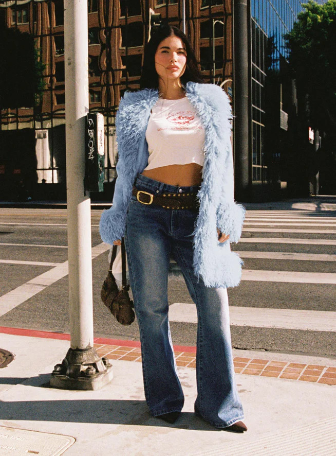 Josefina Faux Fur Detail Jacket Blue | Princess Polly AU