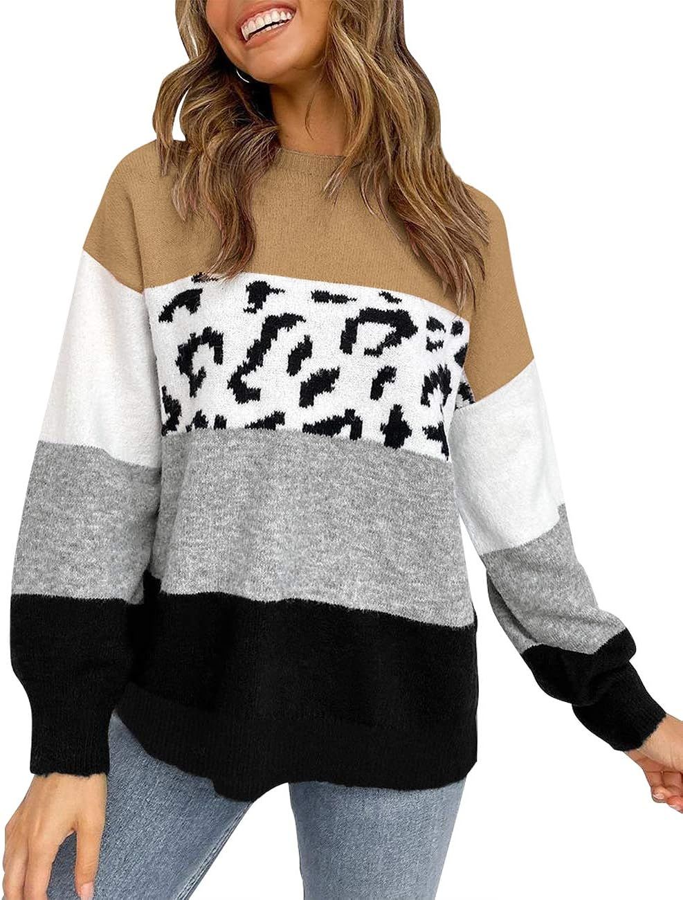 ZESICA Women's Striped Leopard Printed Long Sleeve Color Block Casual Knitted Pullover Sweater Ju... | Amazon (US)