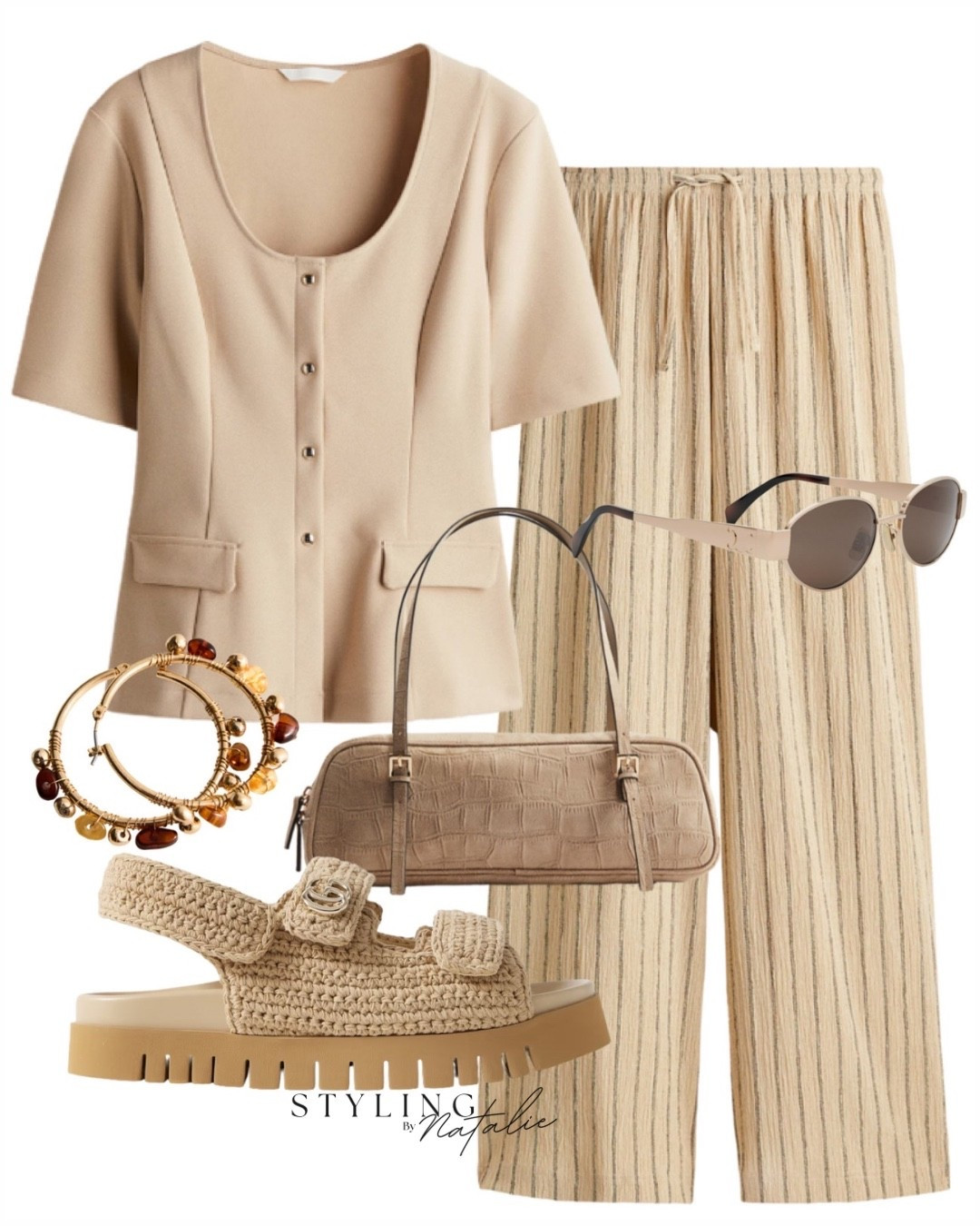 Neutral casual chic- linen pin stripe trousers, short sleeve button up top, Gucci crochet sandals, Celine sunglasses and beaded hoop earrings.

#LTKsummer #LTKuk #LTKeurope