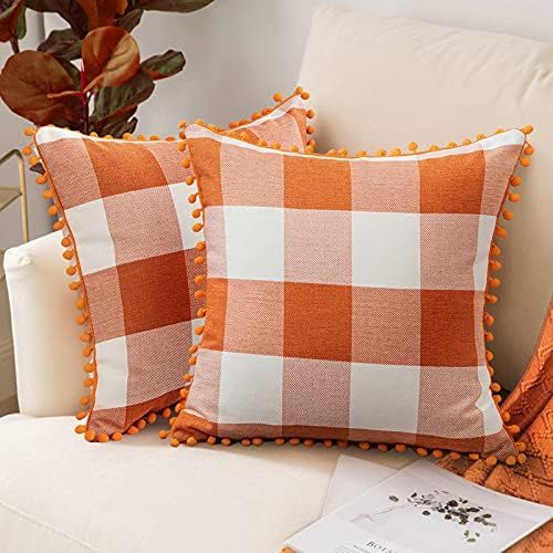 Woaboy Pack of 2 Fall Buffalo Check Plaid Decorative Halloween Throw Pillow Covers with Pompoms A... | Amazon (US)