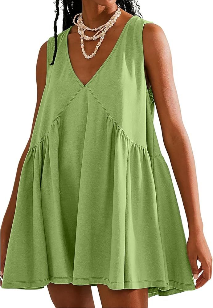 OPCAKM Women's V Neck Sleeveless Mini Dress Loose Summer Pleated Swing Flowy Sundress | Amazon (US)