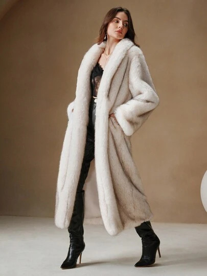 Anewsta New Arrival Elegant Lady Faux Fox Fur Long Coat Chic Fur Lined Winter Outwear For Women S... | SHEIN