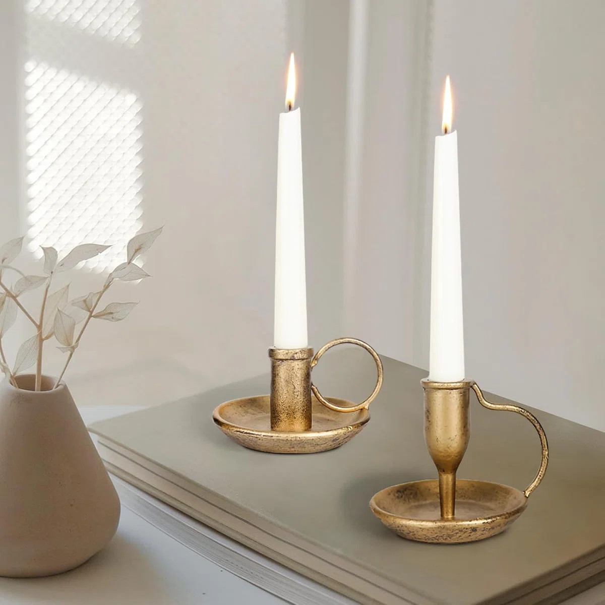 Iron Taper Candle Holder Set Of 2 Antique Brass Candlestick Holders Vintage Decorative Candles St... | Wayfair North America