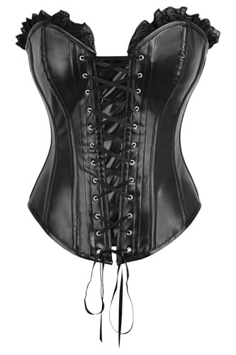 Top Drawer Black Faux Leather & Black Lace Trim Lace-Up Steel Boned Corset (Medium) | Amazon (US)