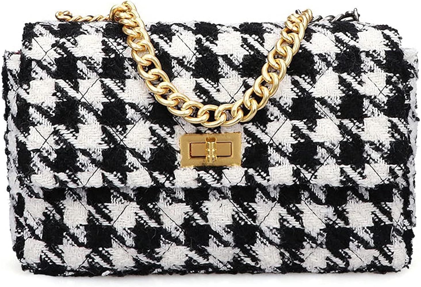 PU Leather Black And White Houndstooth Ladies Shoulder Bag Autumn And Winter Fashion Woolen Cloth Cr | Amazon (US)