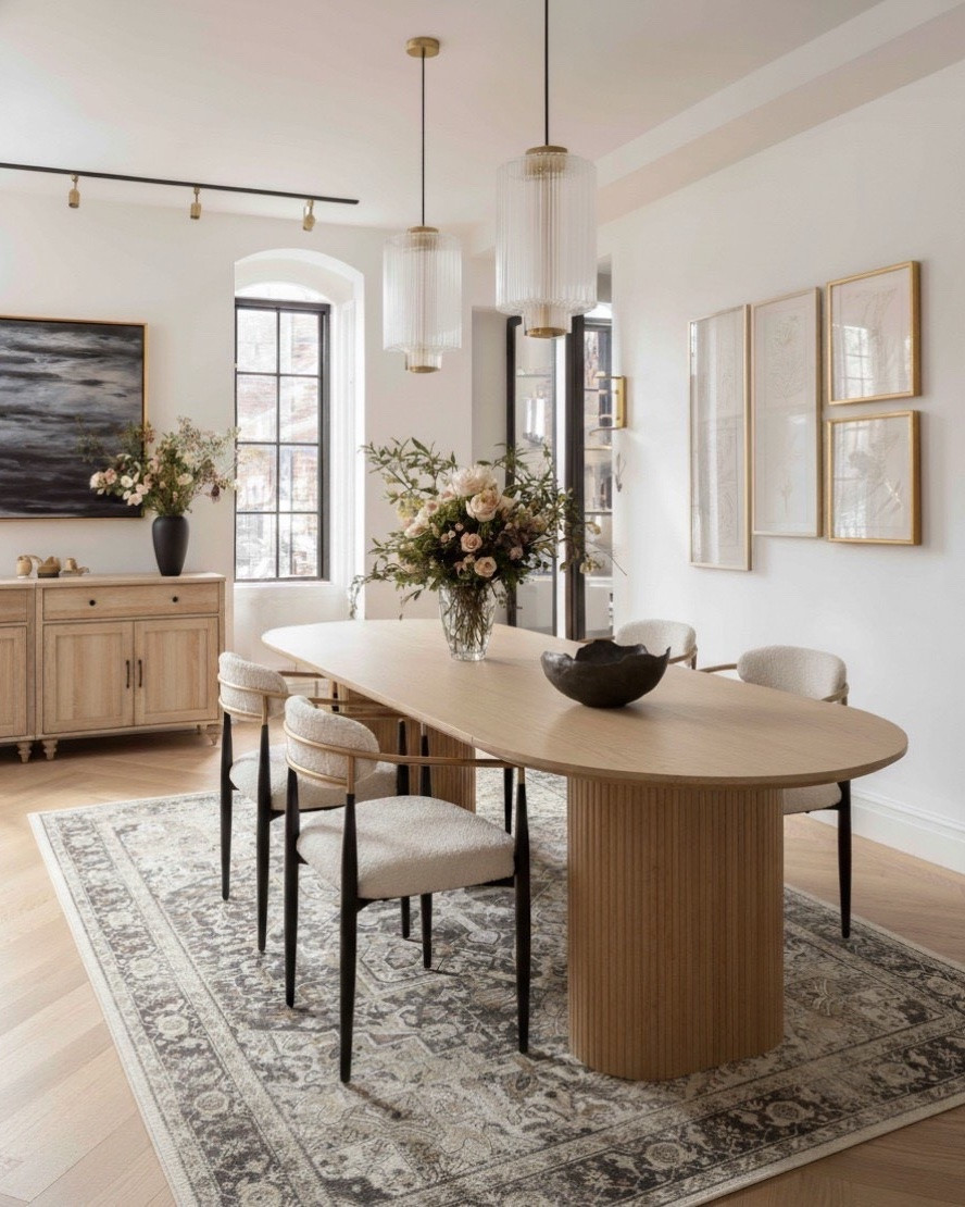 ✨ Shop the look:
Light oak oval dining table | Ivory boucle dining chairs | Brass and glass ribbed pendants | Vintage taupe and ivory rug | Blonde wood sideboard | Matte black vase | Neutral floral arrangement | Gold-framed wall art | Black metal window frames | Ceramic decor accents

#LTKhome #LTKsale #LTKstyletip