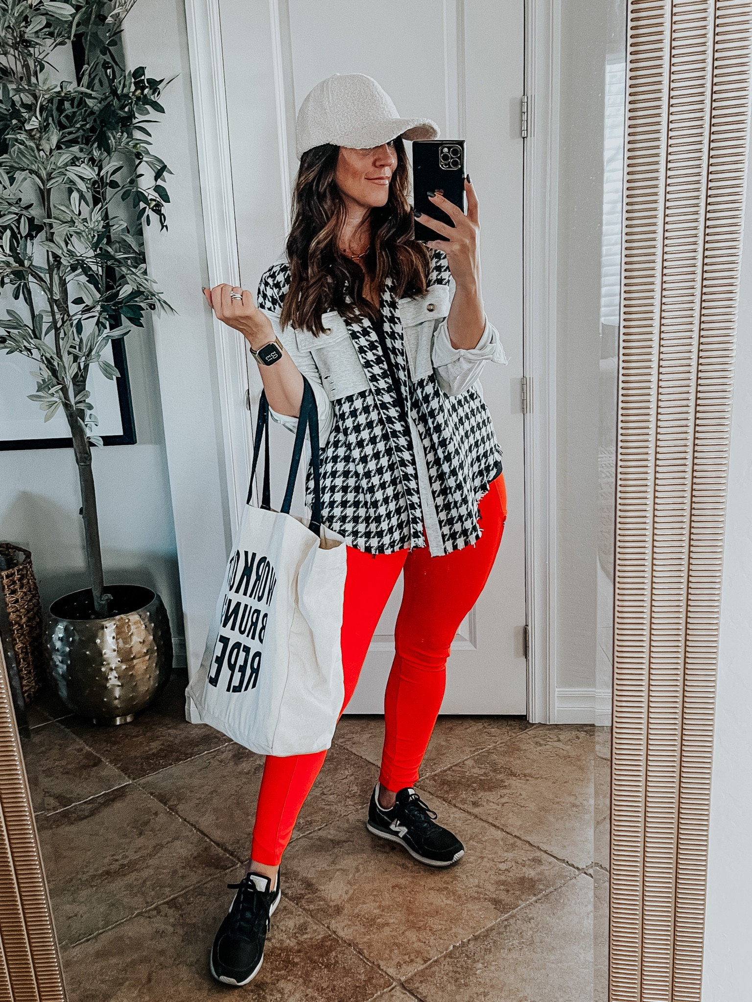 Houndstooth shacket (size small) red leggings (size small) black sneakers // casual style, mom style 

#LTKsalealert #LTKunder50 #LTKFind