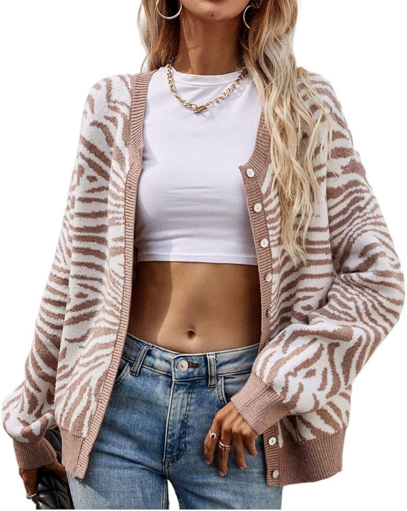 Long Sleeve Button Down Sweater Coat Crewneck Knit Cardigan Zebra Print Outwear | Amazon (US)