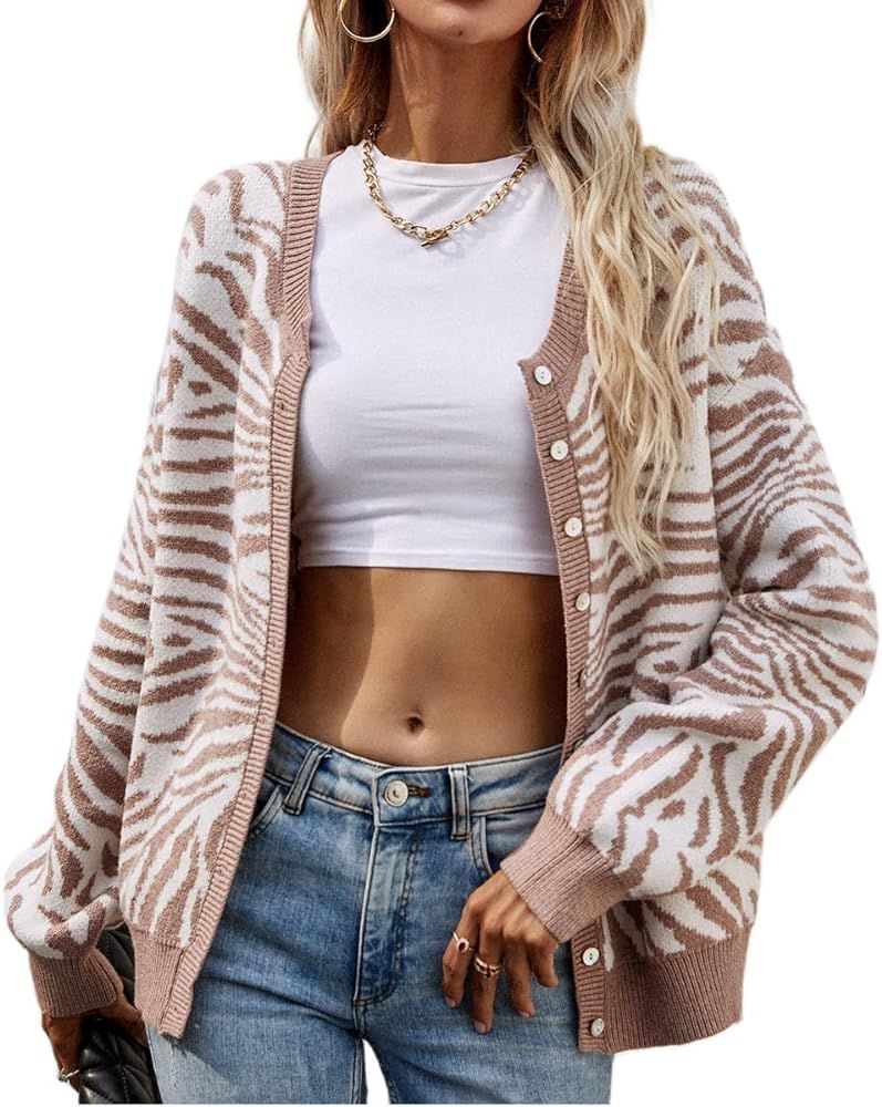 Long Sleeve Button Down Sweater Coat Crewneck Knit Cardigan Zebra Print Outwear | Amazon (US)