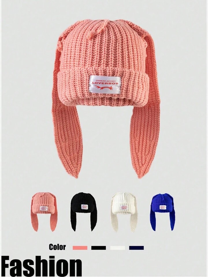 1pc Women's Fashionable Knitted Hat, New Design Double Layer Thickened Cute Rabbit Ear Beanie Wit... | SHEIN