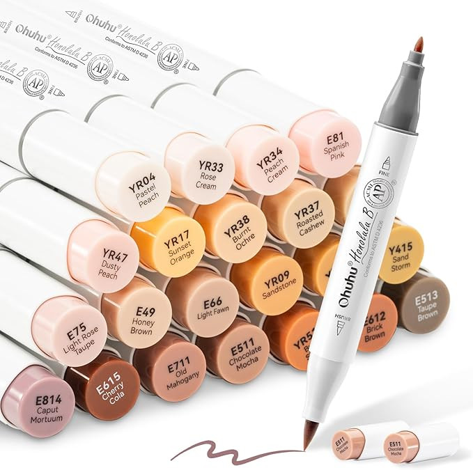 Ohuhu Skin Tone Alcohol Markers Brush Tip - 24 Portrait Skin Color Markers for Artist Adults Colo... | Amazon (US)