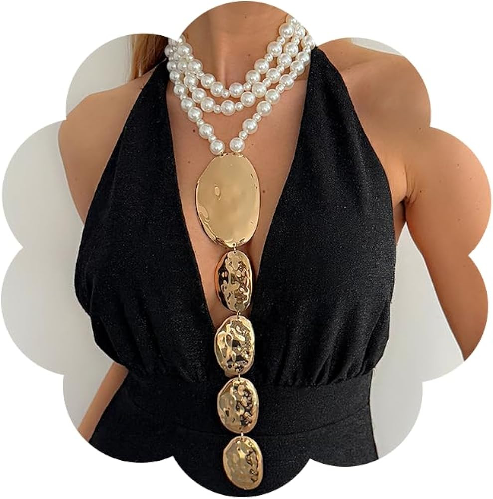 Chunky Gold Pendant Necklace for Women Layered Pearl Necklace Exaggerated Big Geometric Hammered ... | Amazon (US)