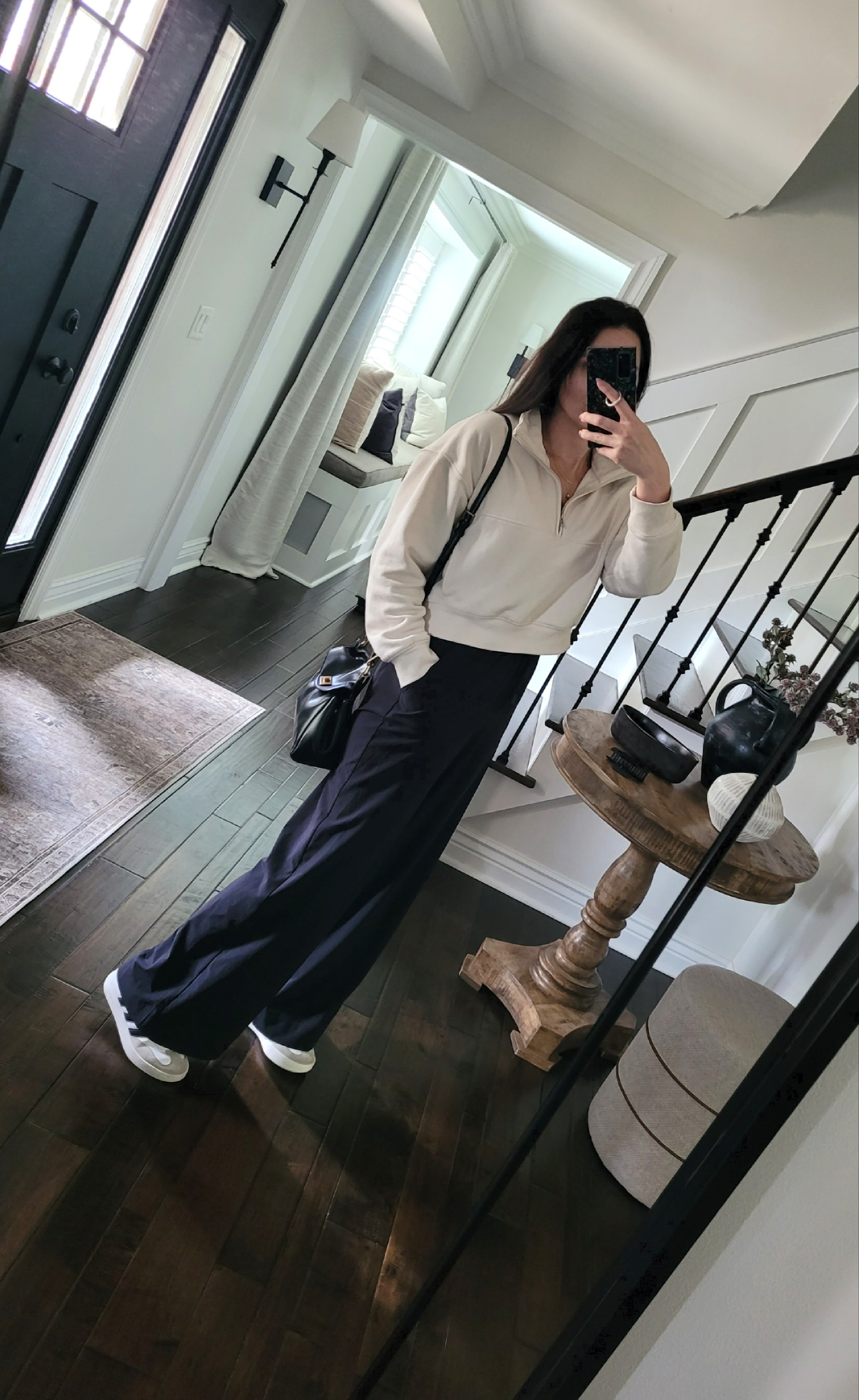Spring Mom uniform - I've been wearing these light weight wide leg pants on repeat because they make the perfect Mom OOTD and they're under $30! Cropped sweatshirt, sneakers,  adidas,  dainty gold jewelry, black purse, neutral ootd, capsule wardrobe, amazon fashion, Walmart fashion, target finds

#LTKmomlife #LTKootd