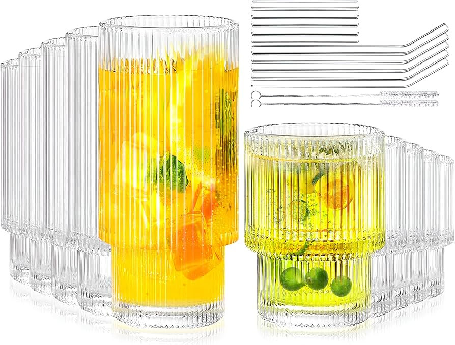 Lvtrupc 10Pcs Ribbed Glass Cups - Highball Glasses & Small Water Drinking Glasses, Vintage Fluted... | Amazon (US)