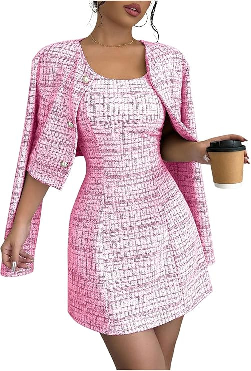 SOLY HUX Women's 2 Piece Outfits Plaid Long Sleeve Button Down Cropped Jacket and Sleeveless Mini... | Amazon (US)