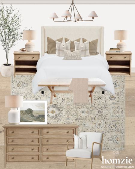 Warm neutral bedroom design! We love the oak dresser & nightstands and the bench! This rug is a perfect neutral! 

#LTKhome #LTKfindsunder50 #LTKfamily