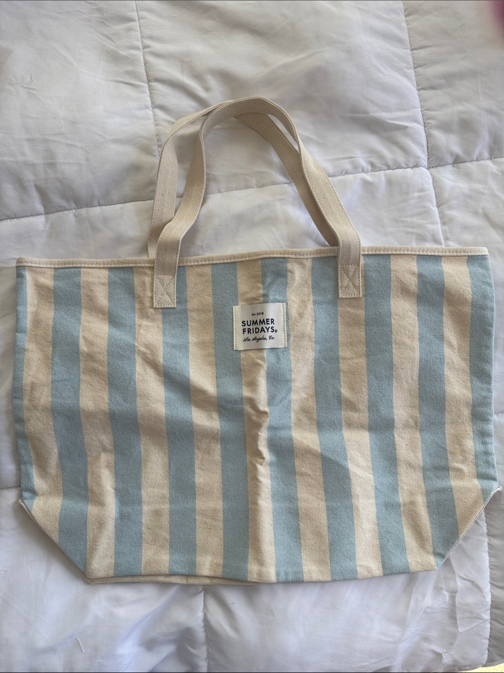 Summer Fridays Light Blue and Cream Vertical Stripe Canvas Tote | Poshmark