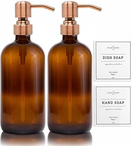 Vine Creations Amber Glass Soap Dispenser 2 Pack, Thick 16oz Bottles Rustproof Stainless Steel Pump, | Amazon (US)