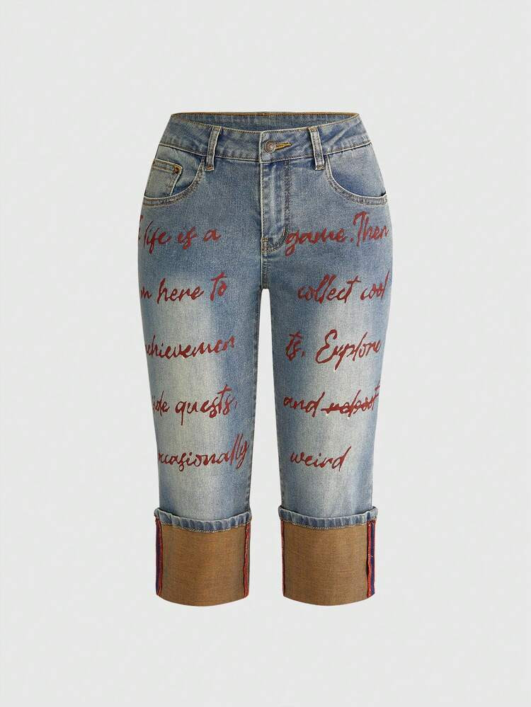 ROMWE Avant Women's Vintage Logo & Slogan Print Color Block Super Low Waist Skinny 7/8 Length Jeans | SHEIN