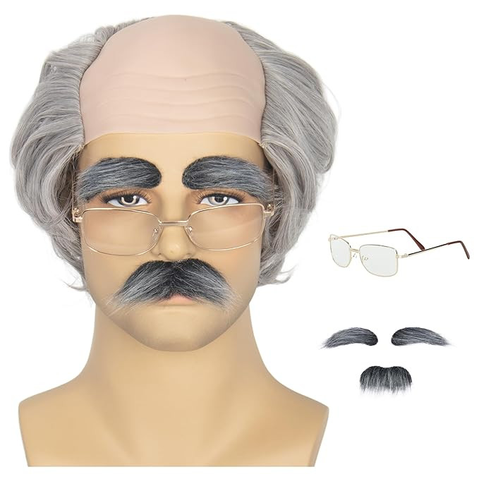 Miss U Hair Old Man Wig and Mustache Eyebrows Funny Wigs Short Grey Bald Cap With Hair On Sides B... | Amazon (US)