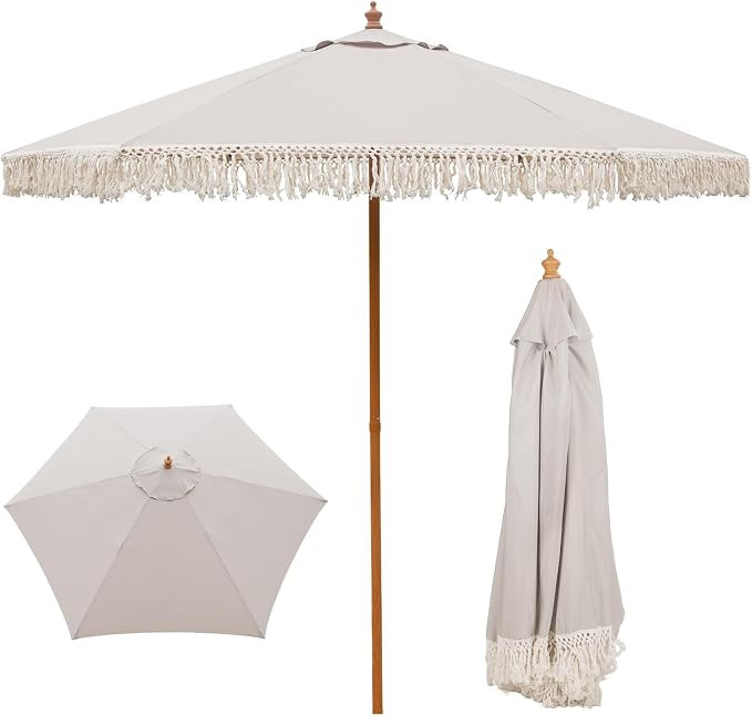 9 FT Patio Umbrella with Fringe,Fringe Portable Beach Umbrella,Heavy-Duty Metal Frame,6 Ribs with... | Amazon (US)