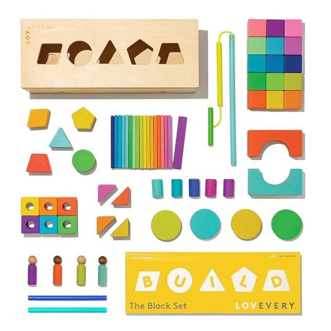 LOVEVERY | The Block Set | Solid Wood Building Blocks and Shapes + Wooden Storage Box, 70 Pieces,... | Amazon (US)