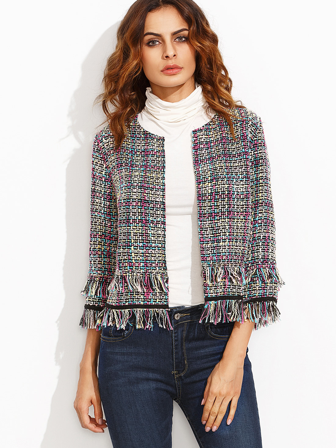 Open Front Space Dye Fringe Blazer | SHEIN