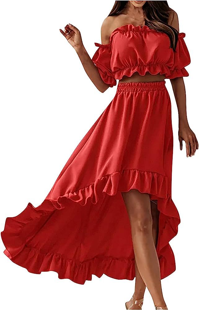 Off Shoulder Ruffle 2 Piece Outfits for Women Crop Bandeau Tops and Floral Skirt Set Sexy Casual ... | Amazon (US)