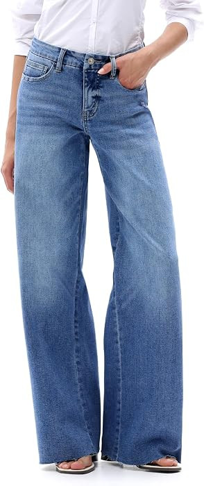 ONESO Women's Wide Leg Jeans Mid Rise High Stretch Denim Pants Raw Hem | Amazon (US)