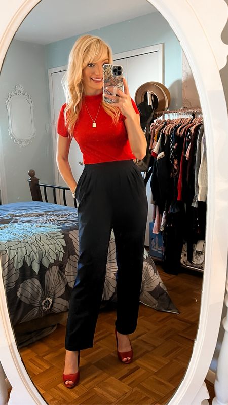 Red mock neck top from SHEIN - navy blue trousers - gold initial necklace - Wear to work - work outfit ideas - business casual - Amazon Fashion - Amazon Finds 

#LTKSeasonal #LTKunder50 #LTKworkwear