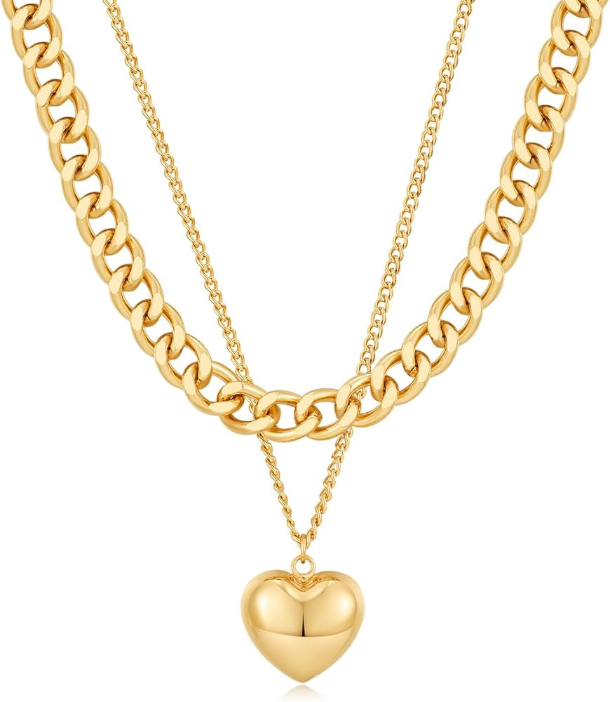 MUYAN Gold Plated Heart Charm Chain Necklace Double Layered Gold Chunky Chain Necklace Birthday H... | Amazon (CA)
