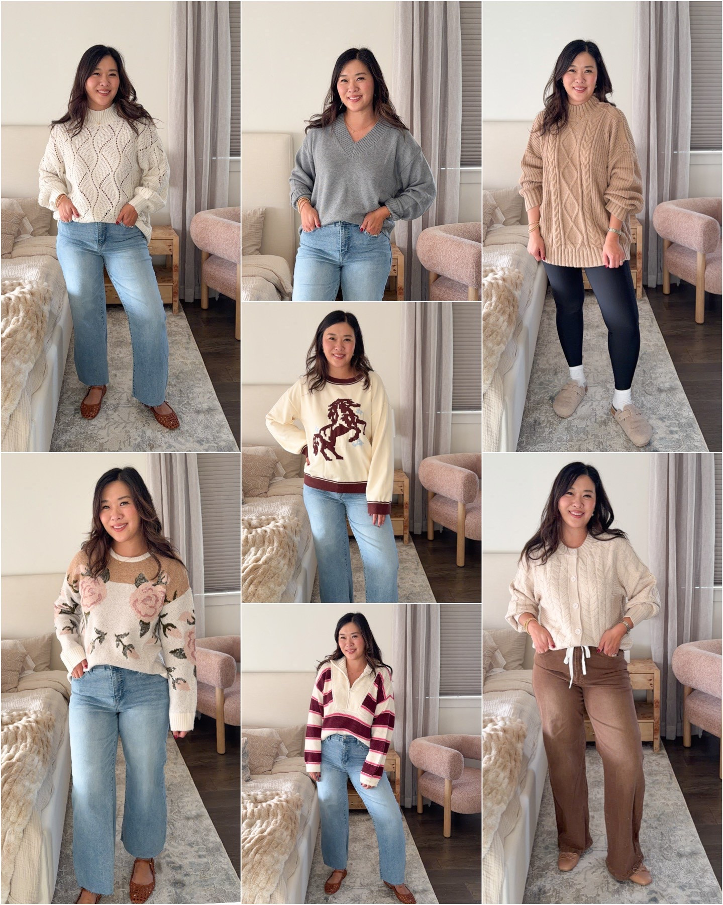 Amazon Fall and Winter Sweaters
Sweaters: Medium
Blue Denim: 29
Black Leggings:
Brown Tie Waist Pants: 8