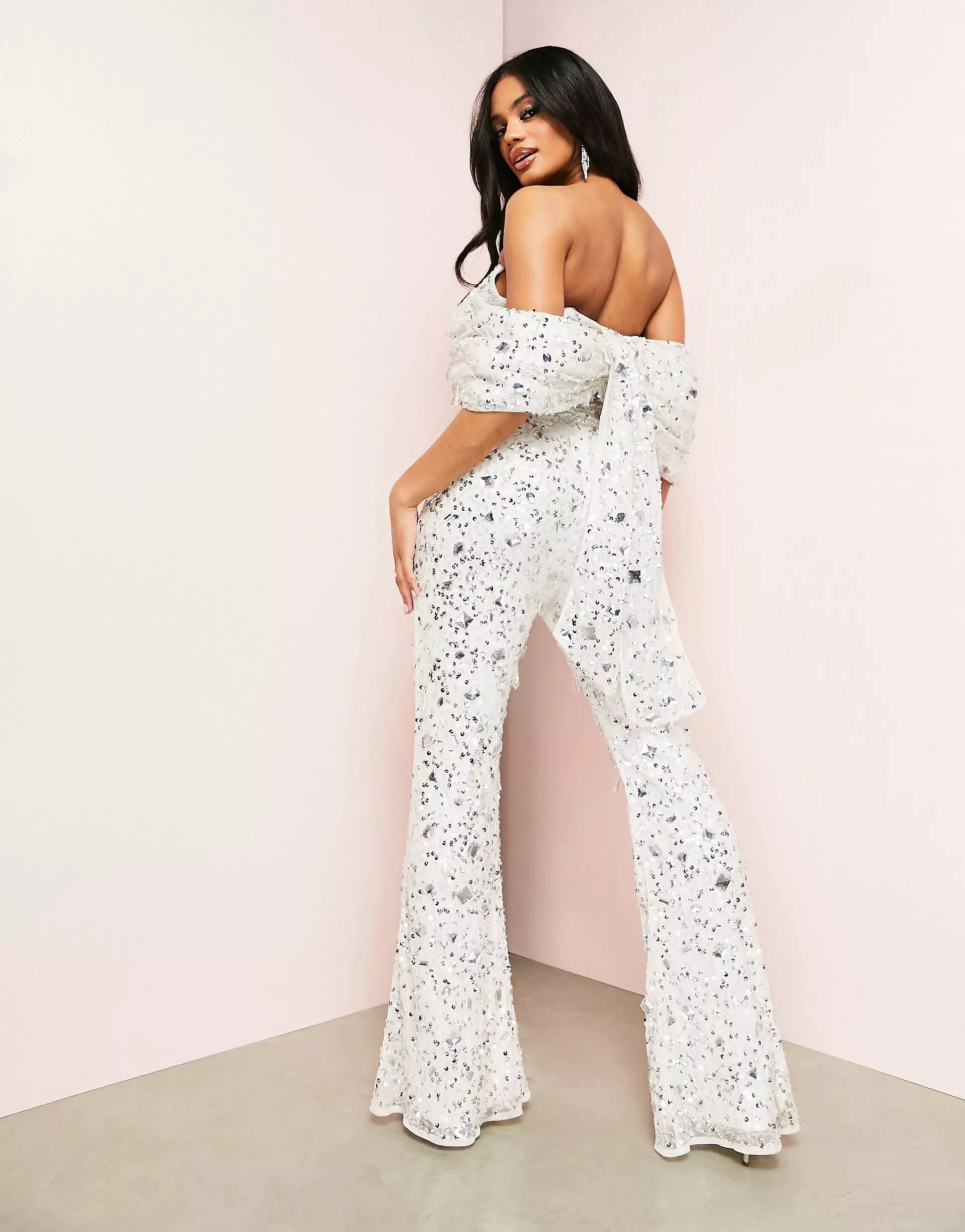 ASOS LUXE Bow bardot embellished jumpsuit in white | ASOS (Global)