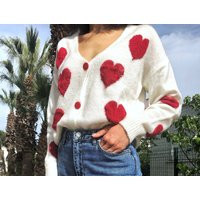 Unique Cardigan With Red Hearts, Knit Top, Soft Women Sweater, Outfit, Gift Kit For Her, V Neck Button Up, Y2K Girl Style | Etsy (US)