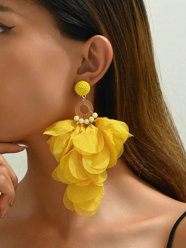 1pair Long Yellow Organza Petal Pendant Earrings | SHEIN