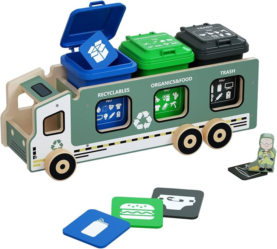 Amazon.com: DUKVSG Large Wooden Garbage Truck Toy, Waste Management Recycling Truck Toy with 3 Tr... | Amazon (US)
