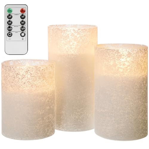 Glass Flameless Candles with Remote, Sandblasted Glass LED Candles, Battery Operated Flickering Candles with Timer, Real Wax Pillar Candles for Holiday Home Decorations(White,Set of 3) | Amazon (US)